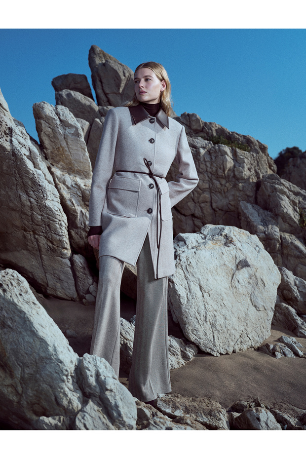 X Şahika Ercümen - Faux Leather Collar Cashmere Coat Long Sleeves with Pockets and Buttons