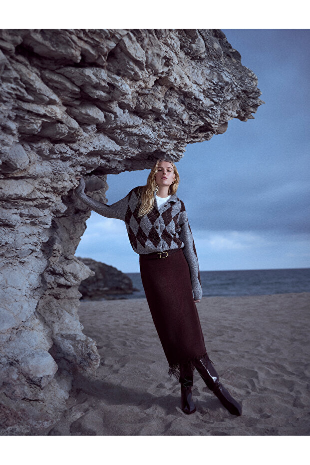 X Şahika Ercümen - Long Sleeve Buttoned Knitwear Argyle Patterned Cardigan