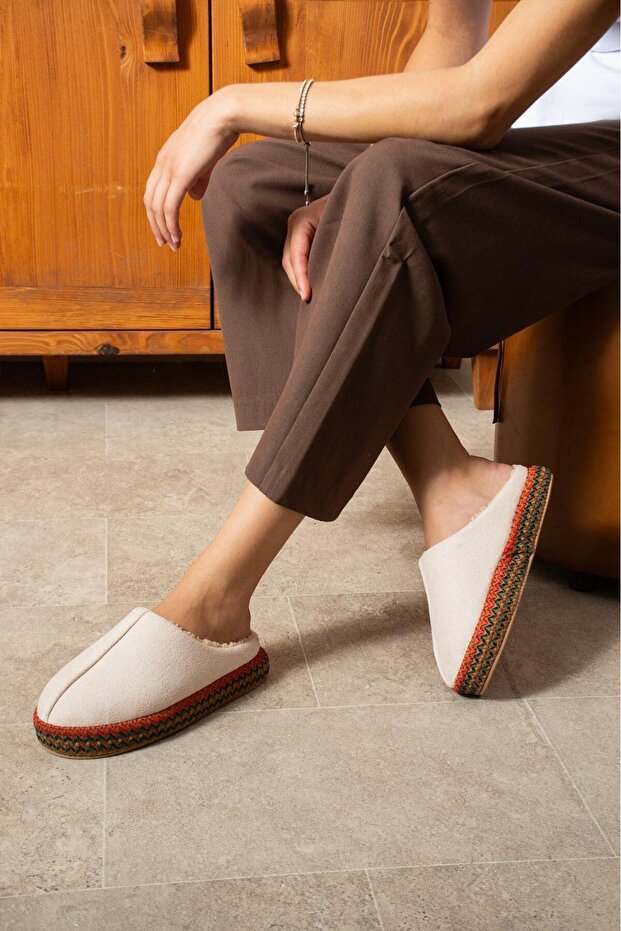 Beige High-Sole Gondola Women's House Slippers with Fur Inside and Stripes