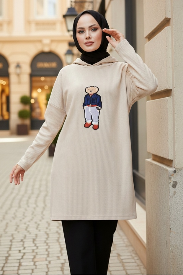 Asiya Oversize Bear Embroidered Hooded Tunic 1335 - Stone