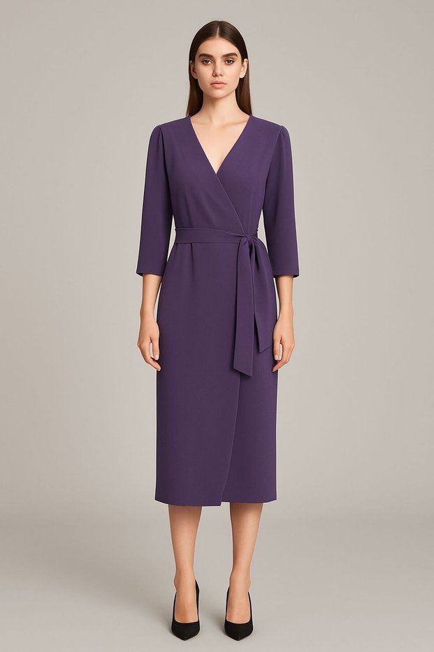 Women's Double Breasted Wrap Three Quarter Sleeve Crepe Elegant Dress