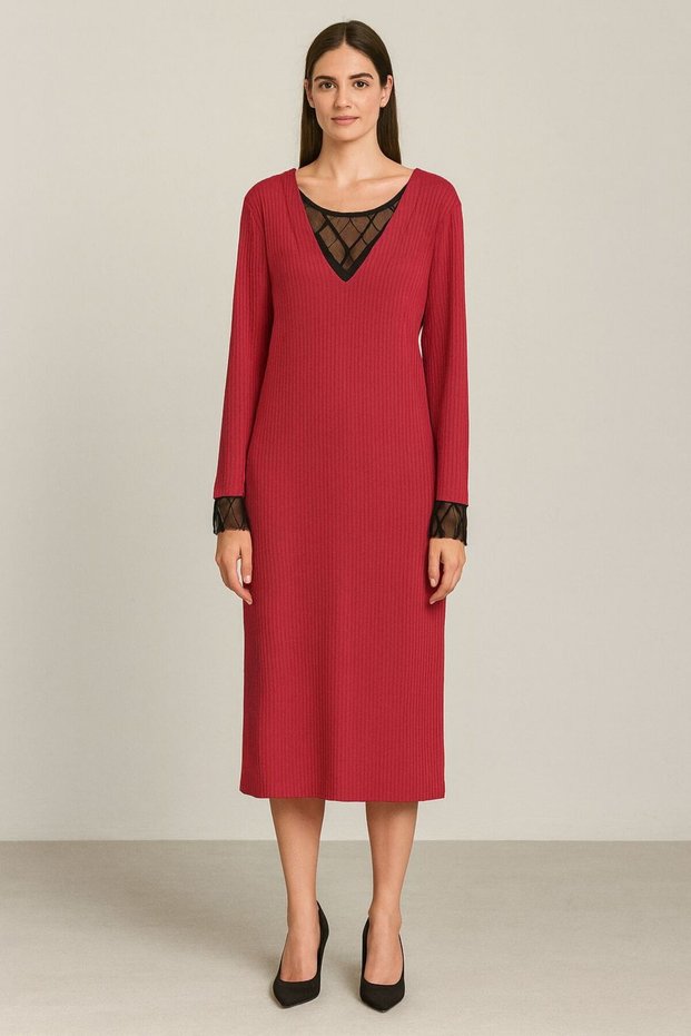 Women's Collar and Sleeve Mesh Detailed Knitwear Dress