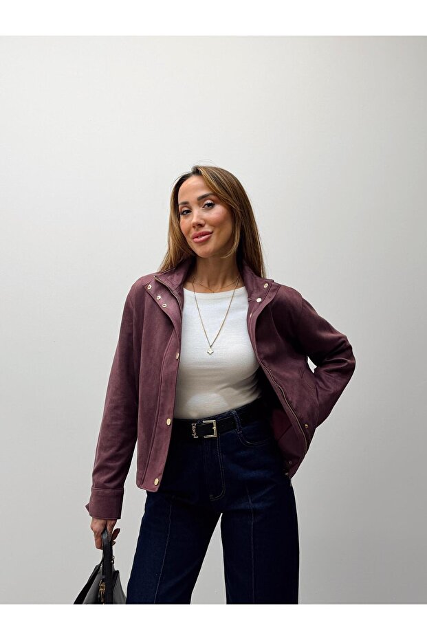 Women's Suede Arden Bomber Jacket in Plum