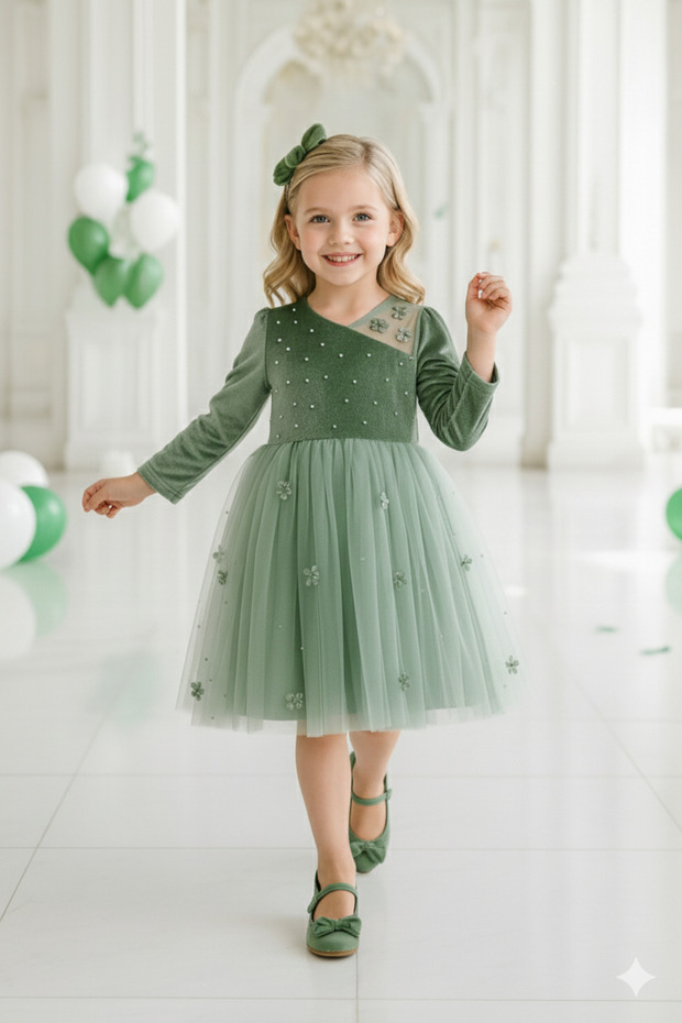 Girls' Velvet and Tulle Dress, Ideal for Special Occasions.