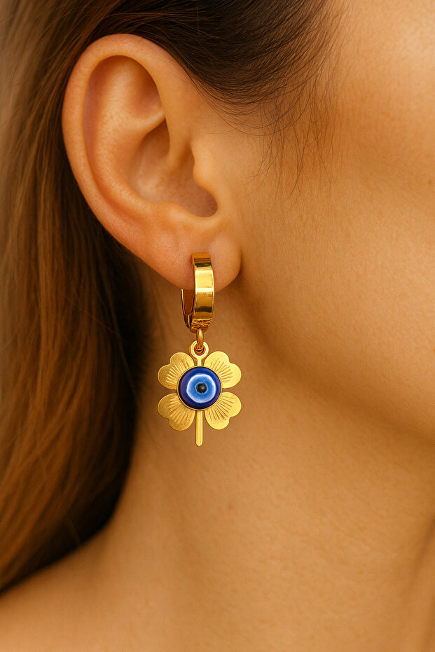 Evil Eye Beaded Clover Model Gold Steel Earrings
