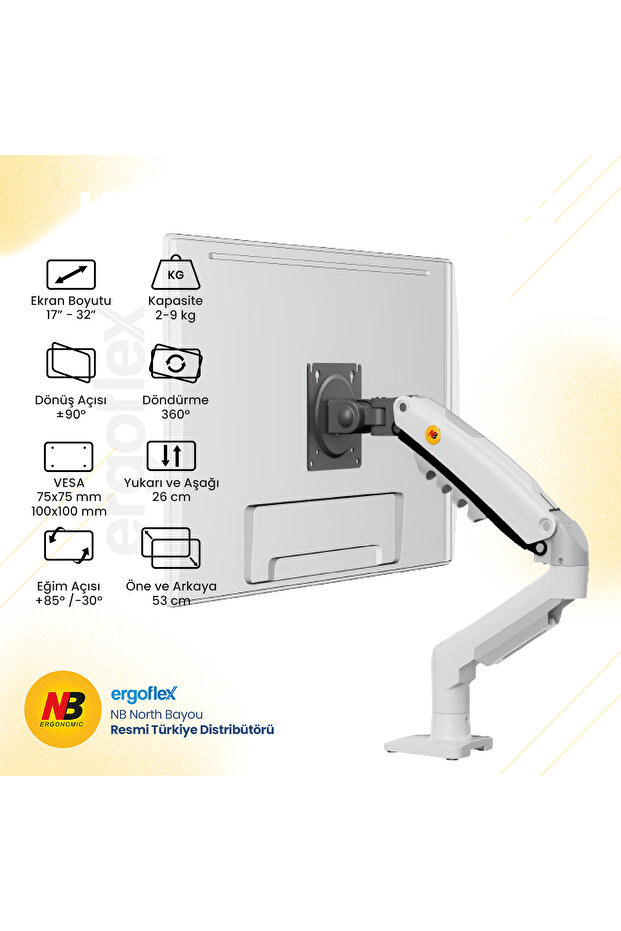 North bayou nb f80 17-32" shock absorbed 2-9 kg monitor stand 2026 version white - 2