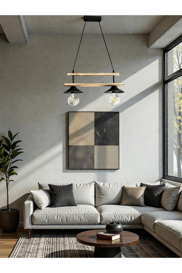 Retro Rustik Ceviz Ahşap 2'li Avize - 1