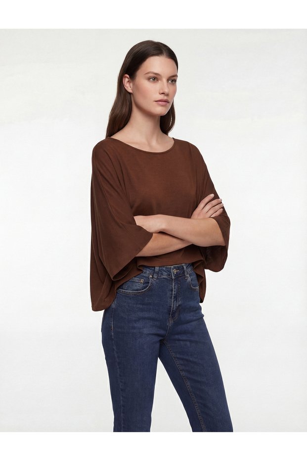 Viscose Fabric Loose Fit Long Batwing Sleeve Wide Round Neck Blouse