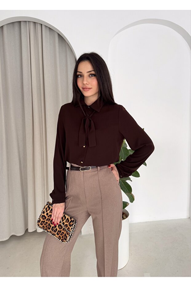 Kravatlı Metal Düğmeli Şık Gömlek - 7