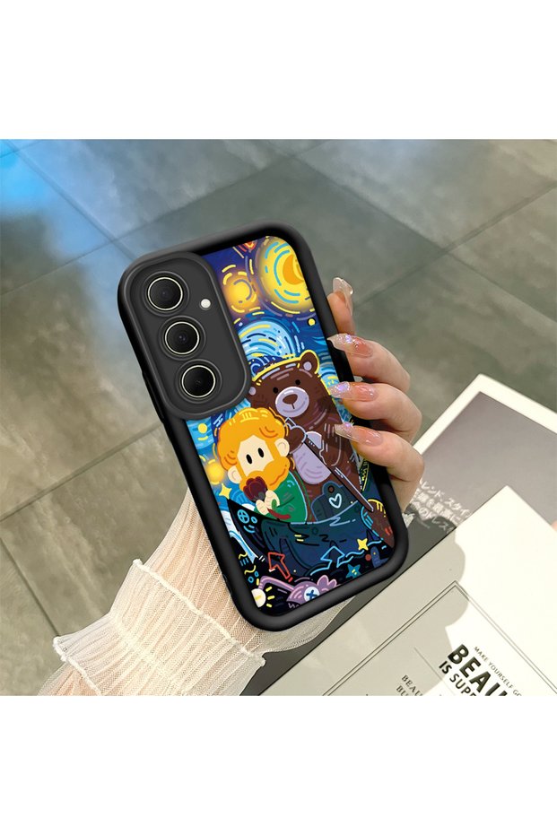 Samsung Galaxy A35 Compatible Black Silicone Van Gogh Starry Night Patterned Anti-Slip Phone Case
