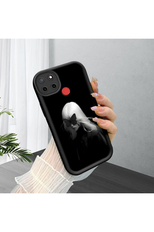 Realme C25 Compatible Black Silicone Anime Style Patterned Lens Protection Phone Case