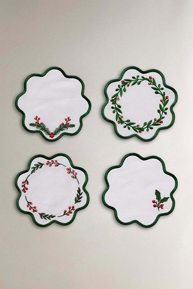 Embroidered Linen 4-Piece Cocktail Napkin Set, Coasters 4/15X15 cm