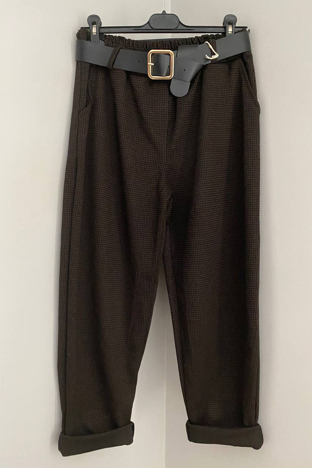 Women's Italian Brown Elastic Waist Belted Herringbone Patterned Side Pocket Trousers