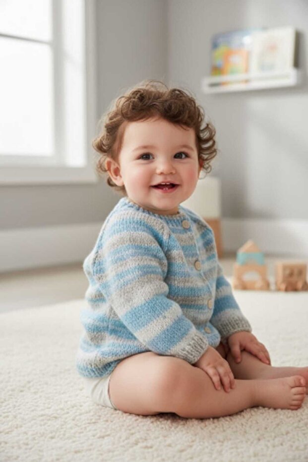 1-2 Years Old Knitted Blue Marbled Baby Boy Cardigan