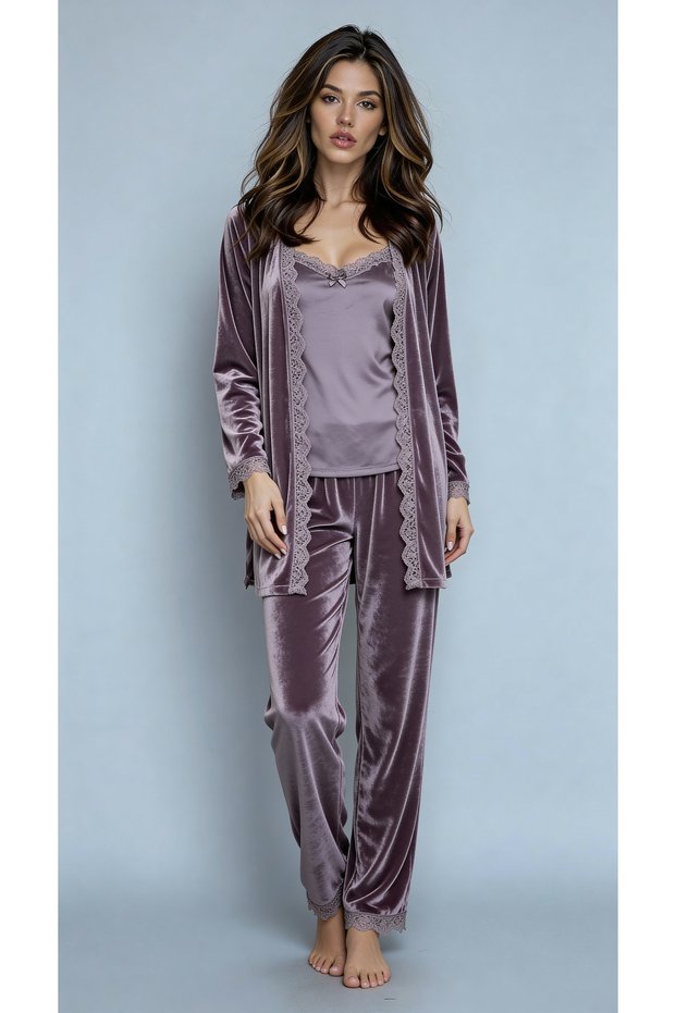 Three-Piece Imported French Velvet Lace Detailed Long Sleeve Dressing Gown Suspender Tank Top Pajama Set
