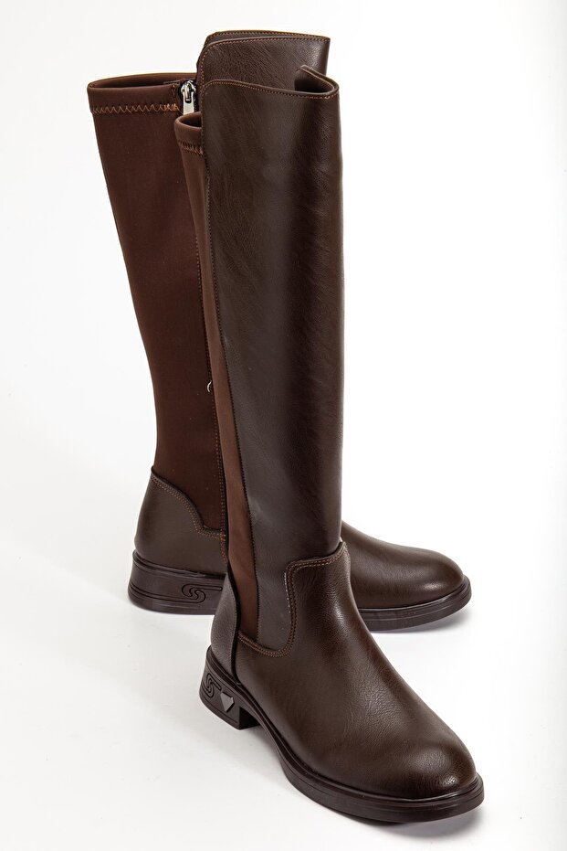 Brown Women's Boots Flat Sole Stretch Zippered