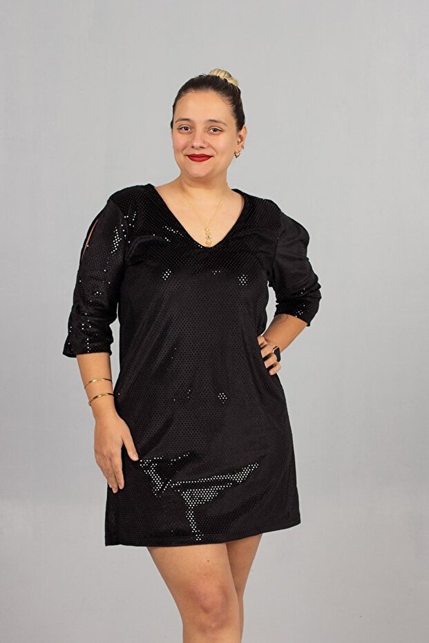 Luxury Velvet Fish Scale Pattern Plus Size Black Dress