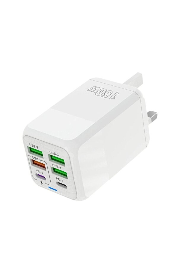 150W 6-Port Fast Charger UK Plug – Multi-Device Mobile & Travel Charging Adapter (White)