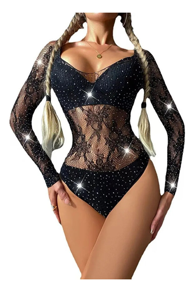 Fishnet Bodystocking Lingerie for Women Sexy See Through Mesh Lingerie, Black