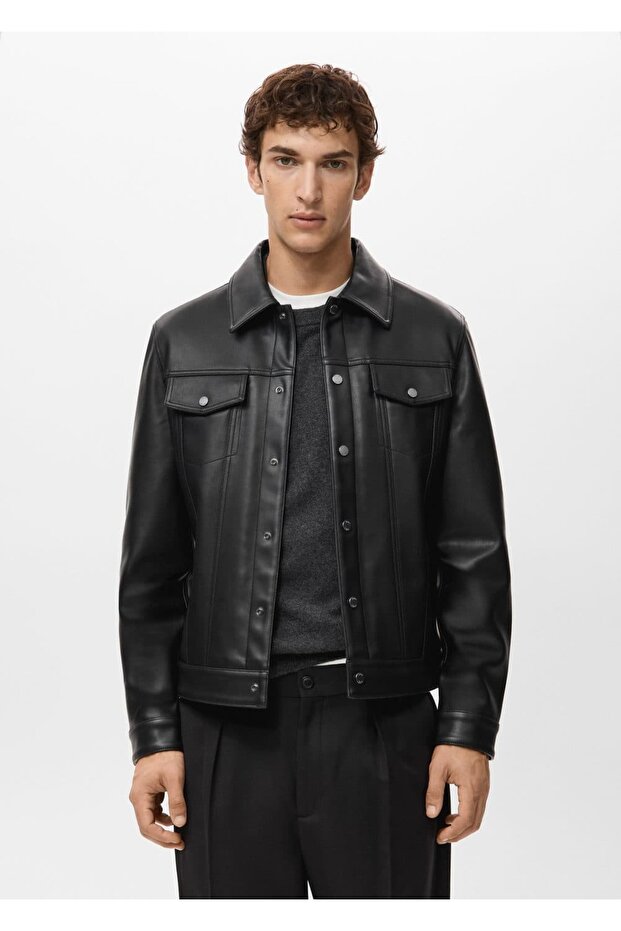 Deri görünümlü cepli ceket - 1