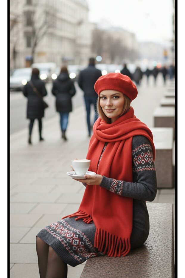 Cold Weather Set with Red Beret and Oversized Shawl