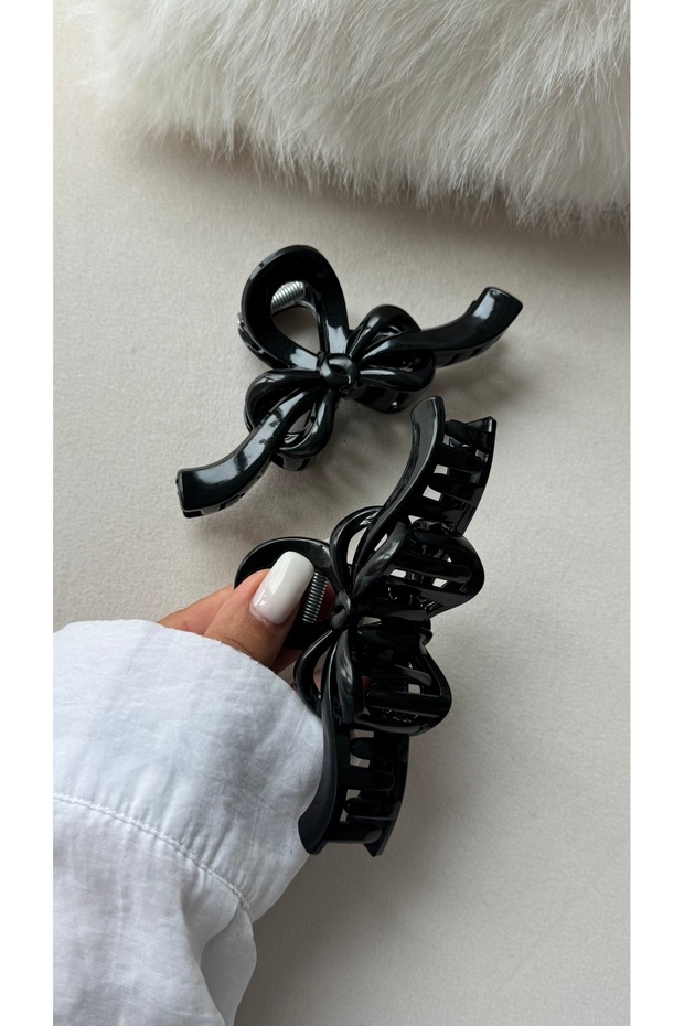 Shiny Hair Clip 2-Piece Bow Model Black Women's Hair Clip