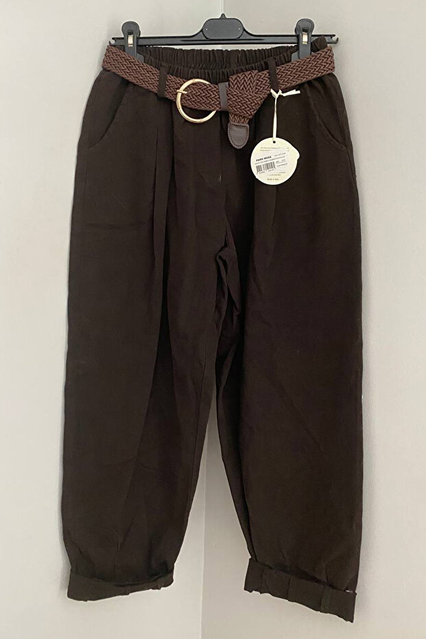 Women's Italian Brown Elastic Waist Belted Pocketed Plain Pattern Loose Trousers
