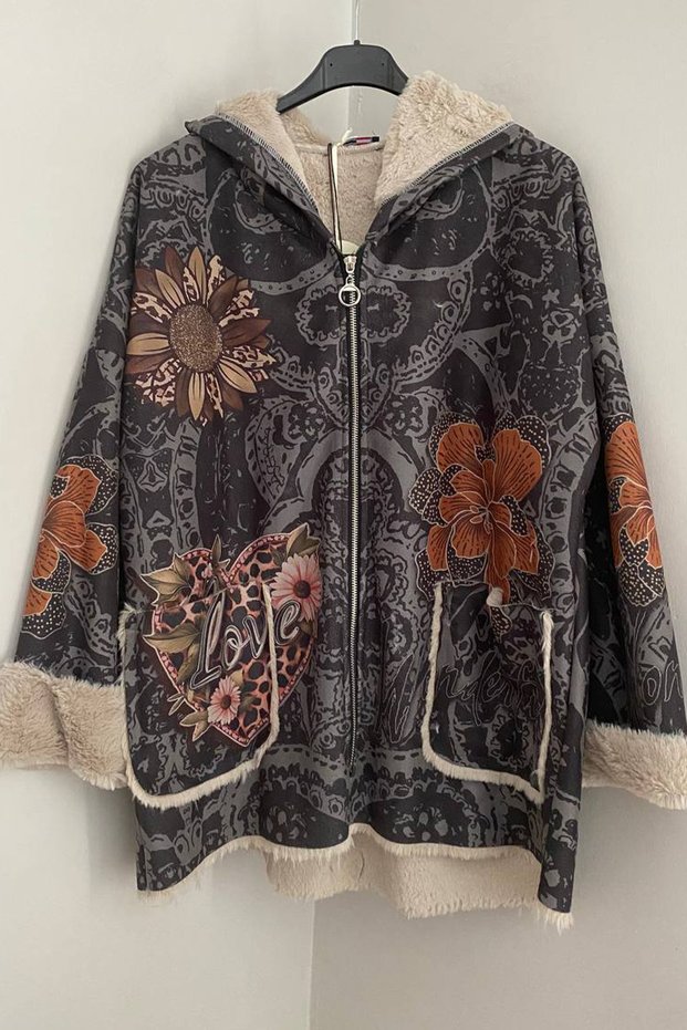 Women's Italian Anthracite Hooded Mixed Pattern Nubuck Coat with Fur Inside, Bag Pocket, Zipper Closure