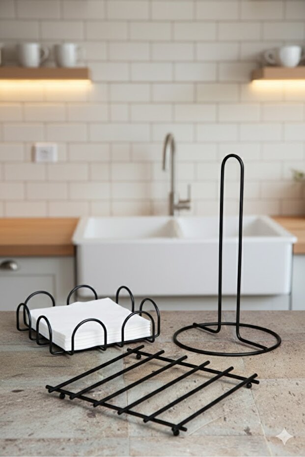 3-Piece Serving Presentation Set Black Upright Towel Holder Square Napkin Holder Square Trivet