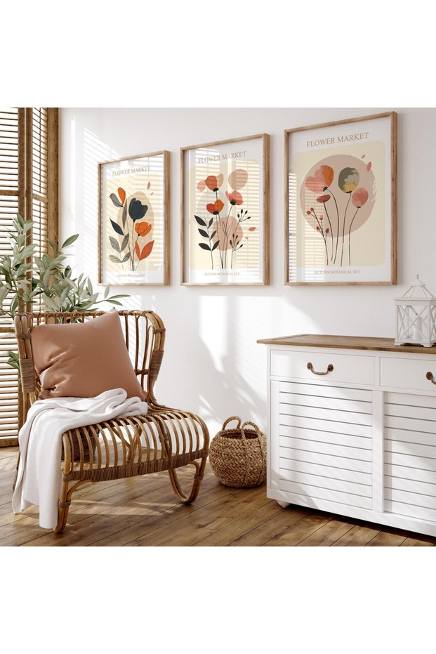 Wooden Framed 3-Piece Abstract Painting Home Flower Market Qmrc