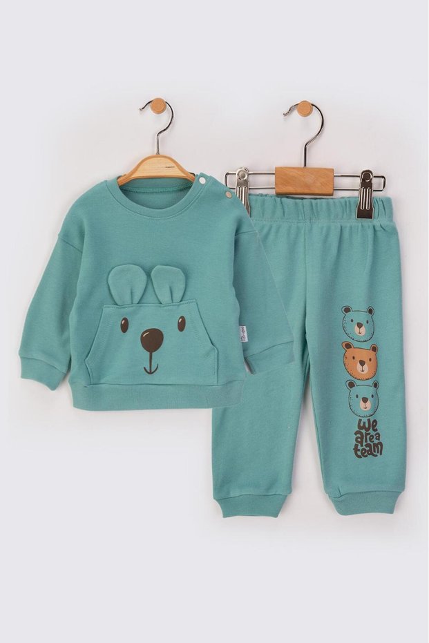 Combed Cotton Bear Printed Seasonal Pajama Set with Ear Detail