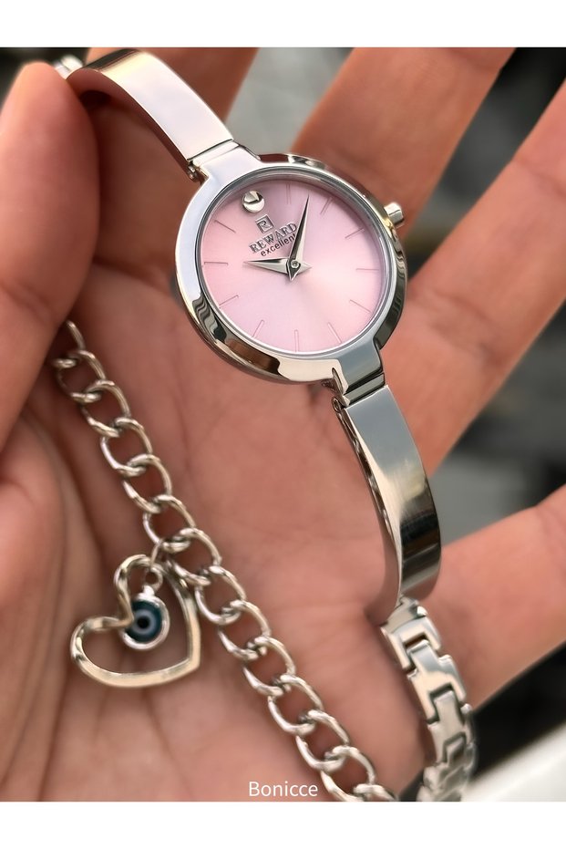 Women's Watch, Pink Dial, Silver Color Steel Bracelet, Small Case, Stylish Box, Bracelet Gift