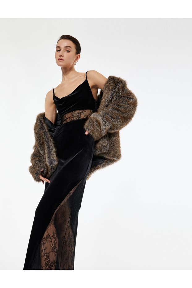 Slim Fit Lace Detailed Degaje Collar Strap Velvet Long Evening Dress