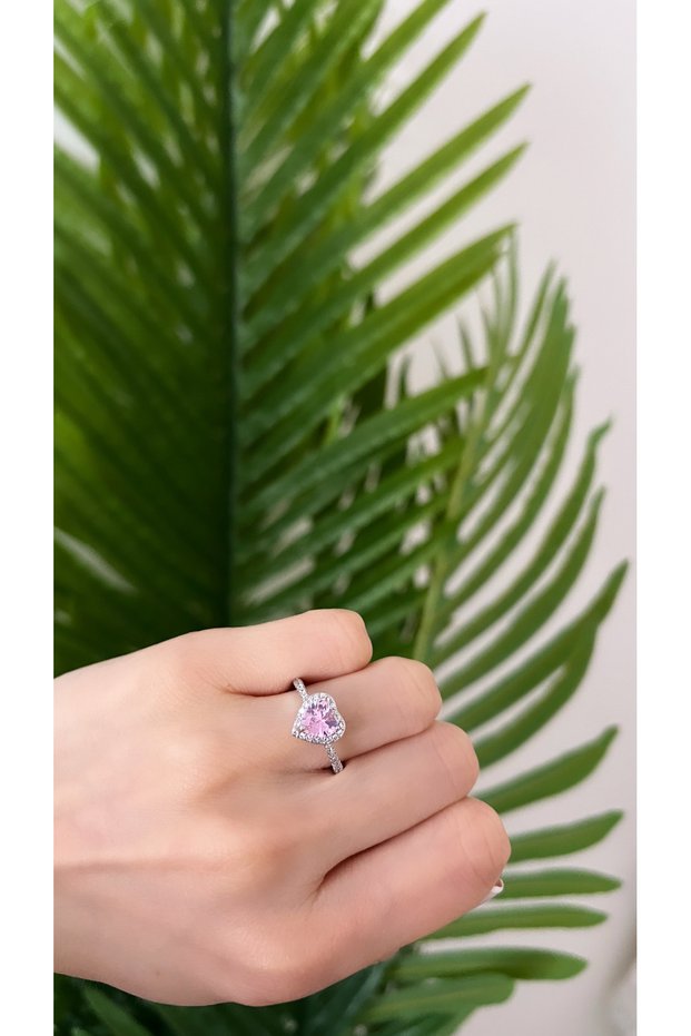 (Adjustable) Zircon Stone Serious Relationship Ring Steel Pink Heart Ring Silver Color with Zircon Stone