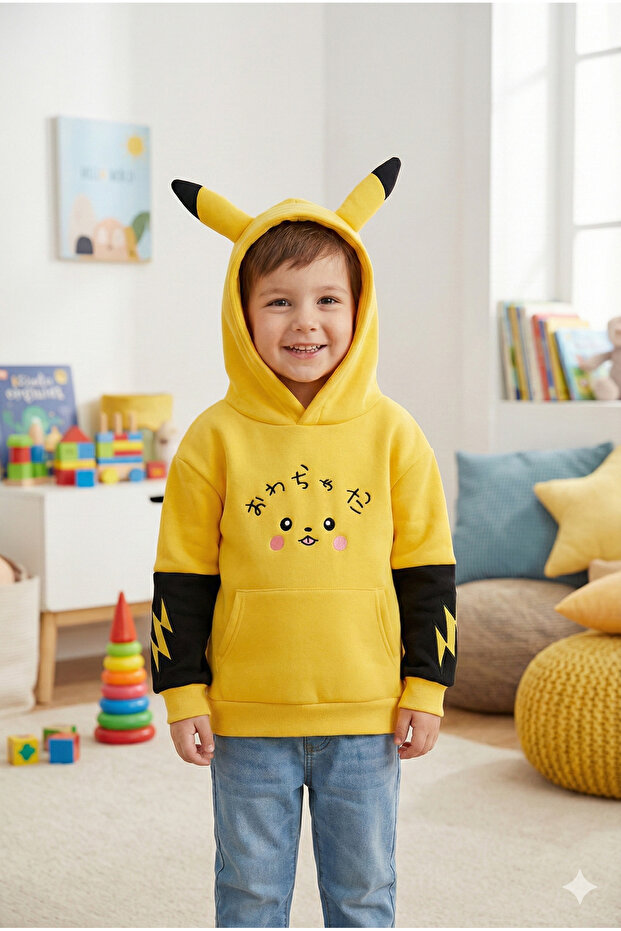 Yellow Pikachu Design Eared Oversized Unisex Children's Sweatshirt