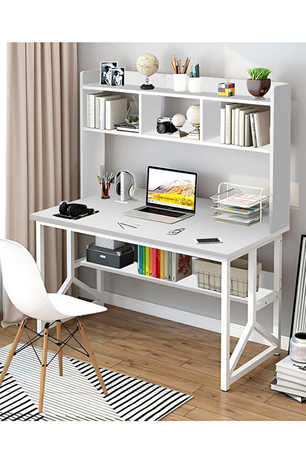 Writing Study Table with Bookshelf, Home Office Computer Desk for PC Laptop 120 * 60 * 141.5cm,White