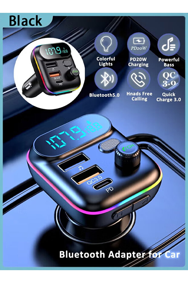 محول بلوتوث للسيارة، مشغل موسيقى MP3، شاحن سيارة USB QC3.0 PD 20W، إضاءة خلفية LED متعددة الألوان