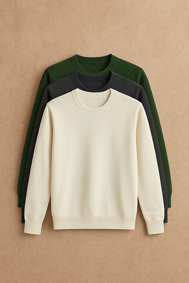 Erkek Bisiklet Yaka Basic 3 Lü Triko Kazak - 1