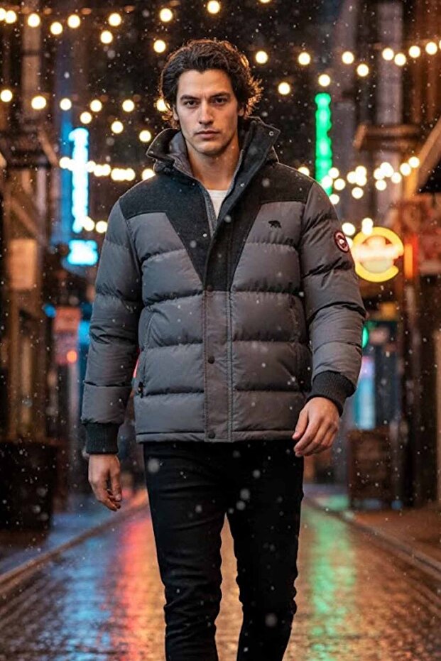 معطف رجالي منفوخ باللون الرمادي - 1