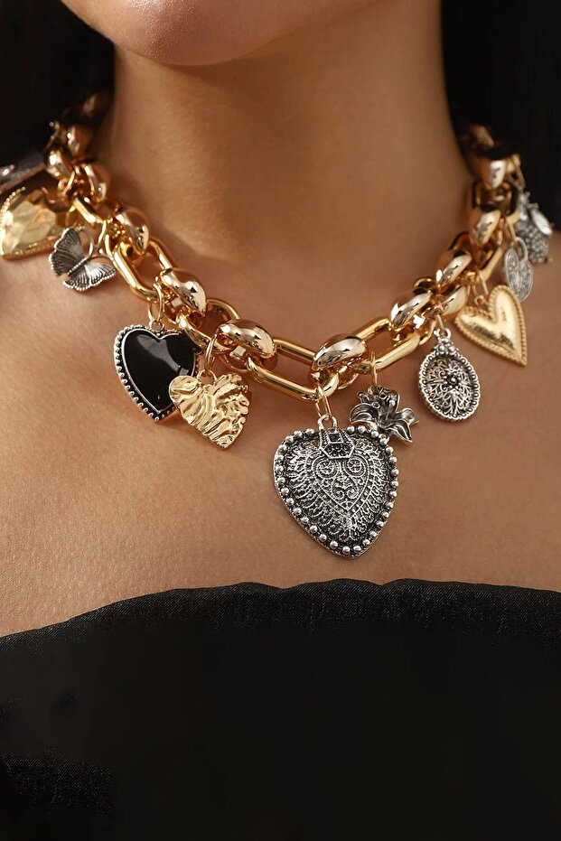 Gold and Silver Color Charmlı Design Necklace