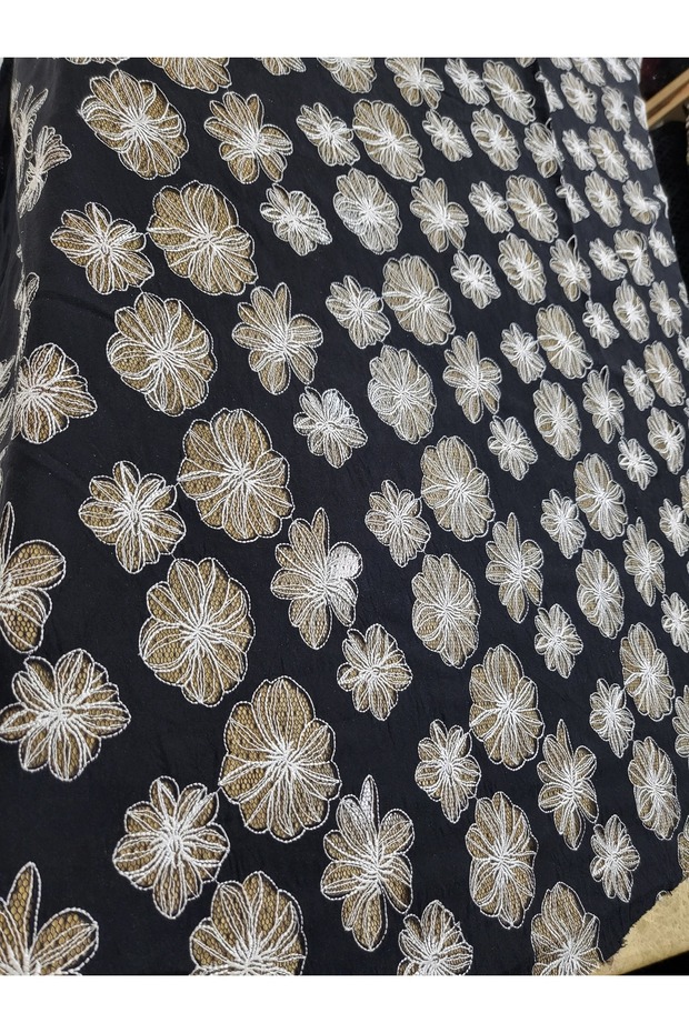 Gold White Floral Embroidery Fabric on Black Background Suede Evening Dress, Dress and Designer Fabric