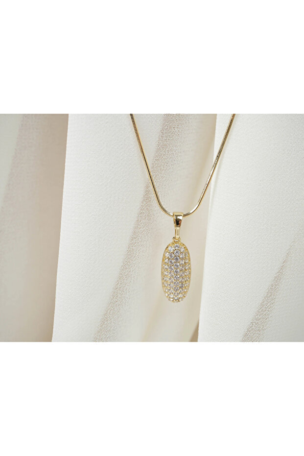 Kol095 Zircon Stone Long Oval Gold Necklace
