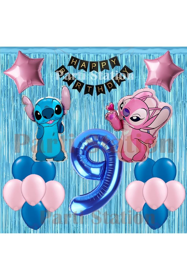 Lilo Stitch Balloon and Angel 9Th Birthday Party Set Navy Blue Number and Decorative Curtain Balloon Set