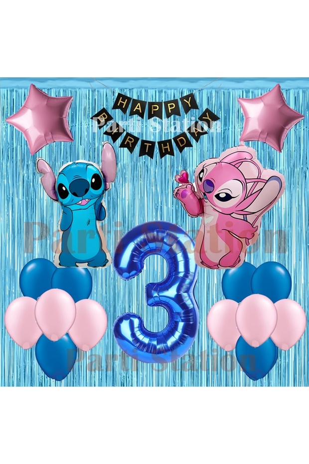 Lilo Stitch Balloon and Angel 3Rd Birthday Party Set Navy Blue Number and Decorative Curtain Balloon Set