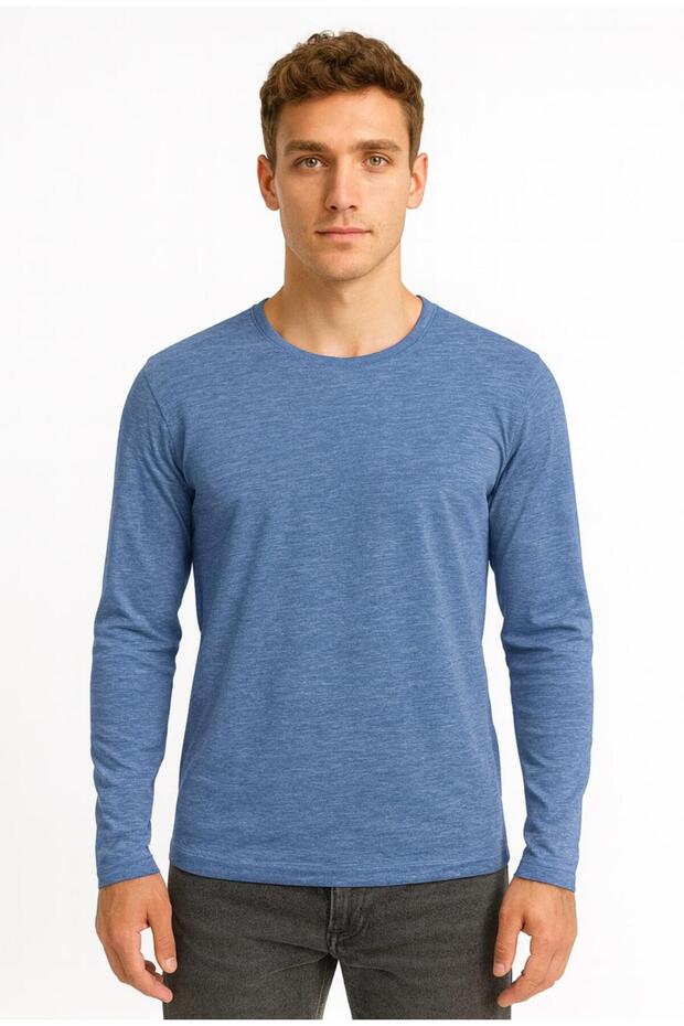 Men's Blue Melange Long Sleeve Single Jersey T-Shirt-D2275