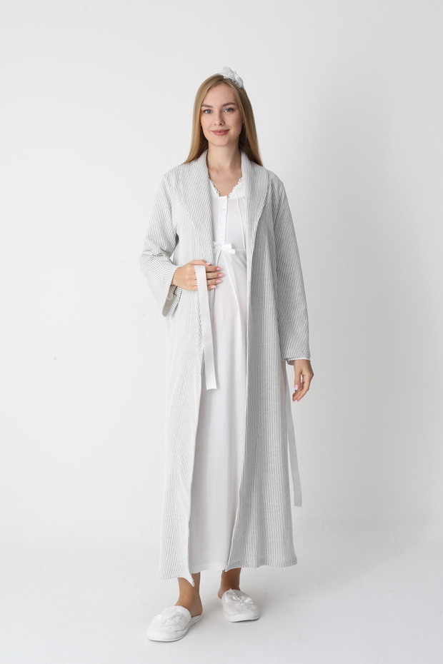 Jacquard Lace Maternity Nightgown and Striped Maternity Dress Set | Set of 2 with Breastfeeding Feature