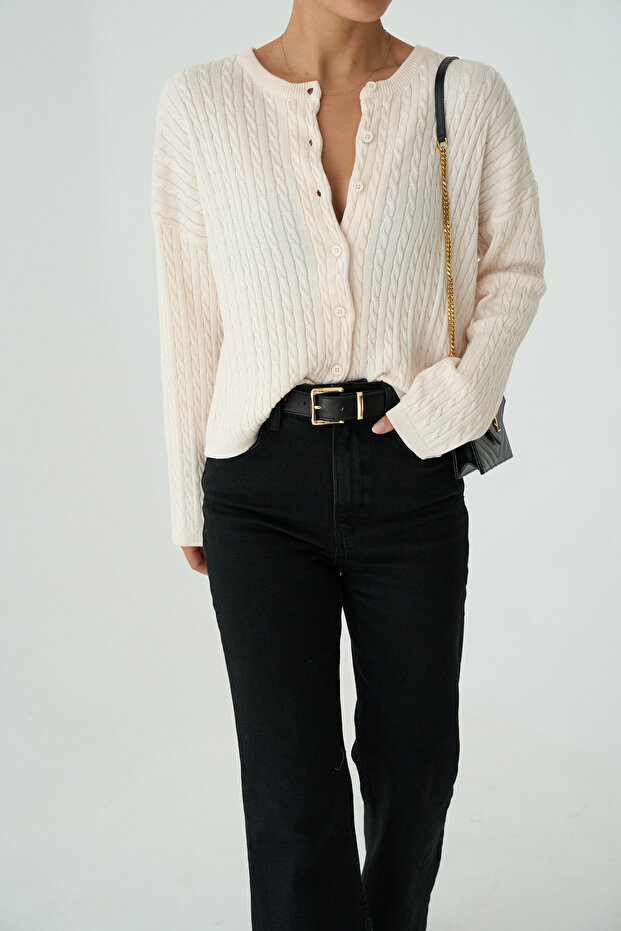 Women's Buttoned Crew Neck Hair Knit Basic Knitwear Cardigan
