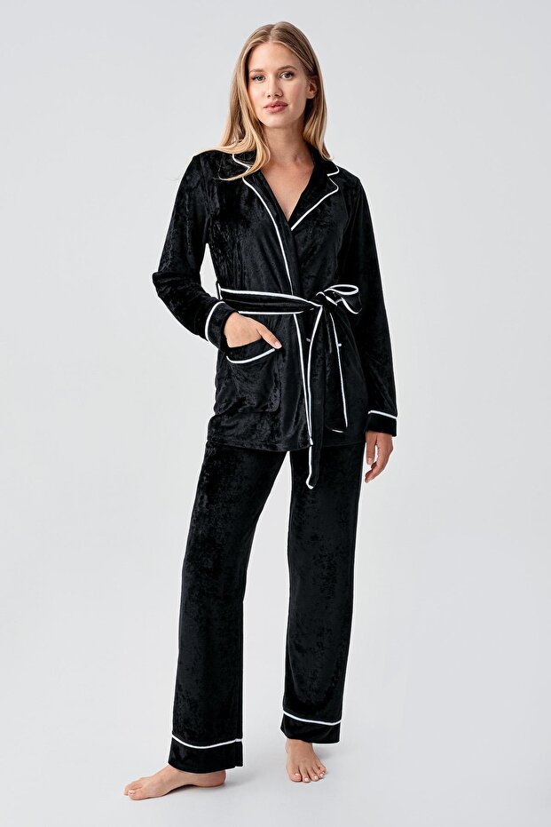 Long Sleeve Kimono Velvet Stretchy Viscose Pajama Set 18216