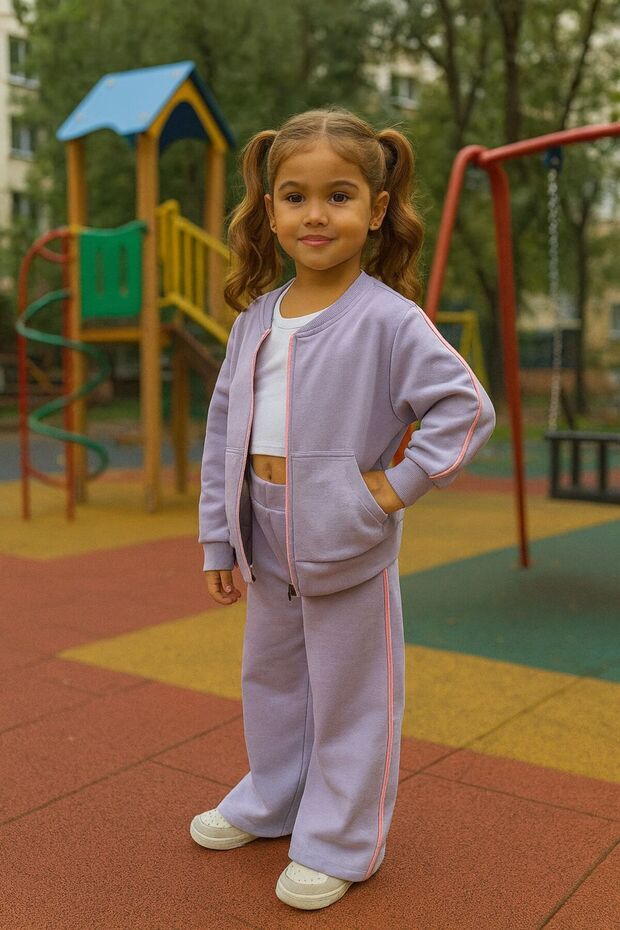Girl's 3-10 Years Old Transitional Tracksuit Set – Zippered Top & Wide Leg Bottom – Lilac