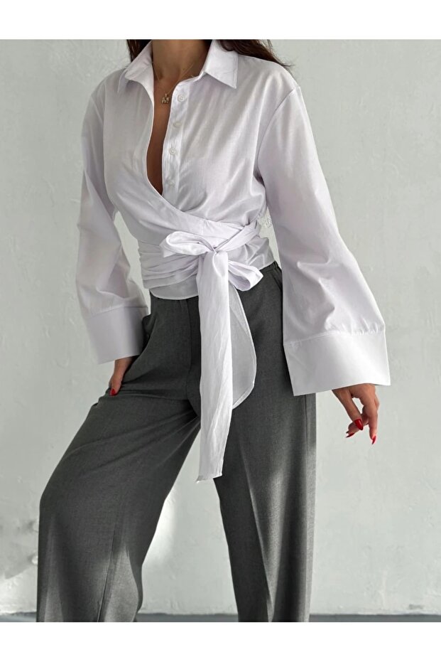 Bağlamalı Gömlek - Beyaz - 3